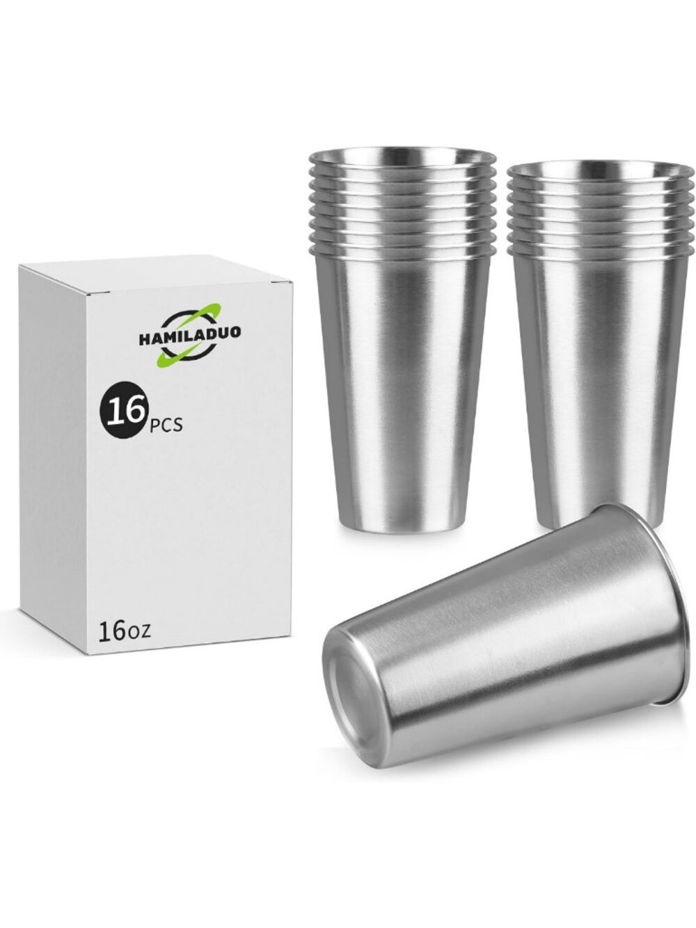 16-Pack Stainless Steel Pint Cups - Reusable, Stackable, BPA-Free Tumblers